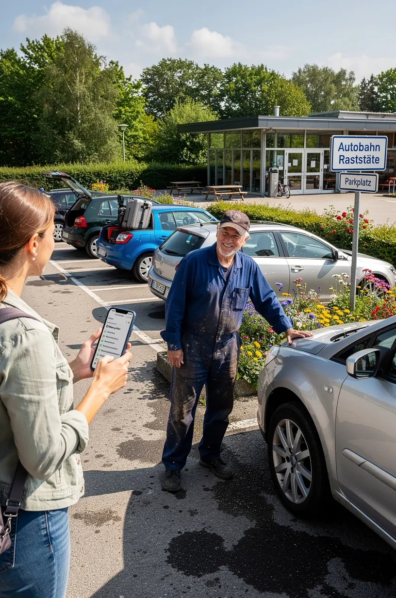 Beratungsgespräch zwischen Kunde und Werkstattmitarbeiter über Checkliste und Vorbereitung für eine Fernreise mit dem Auto.