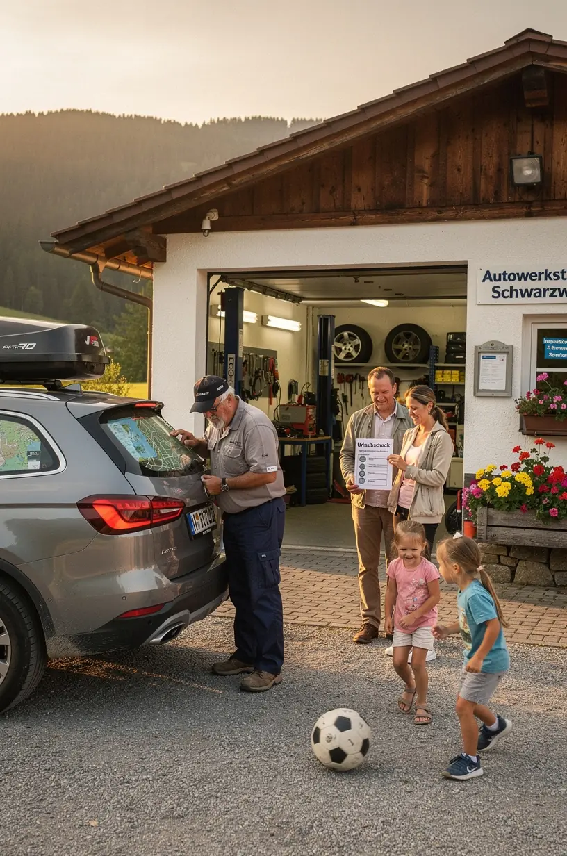 Fachmann testet die Autobatterie auf Ladekapazität und Zustand vor der Reise.